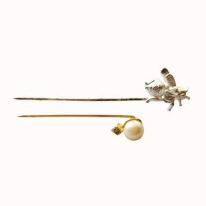 Vintage Stick Pins Silver Tone Bee, Gold Tone Faux Pearl